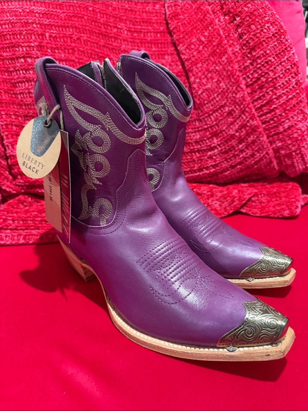 LIBERTY Black Purple Coastal Cowgirl Ankle Boots with Silver Toe Caps
